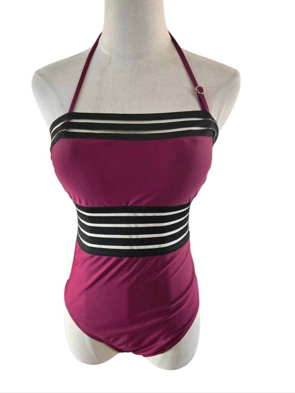 Hilor  Cranberry Halter One-Piece Swimsuit with Sheer Panels NWT